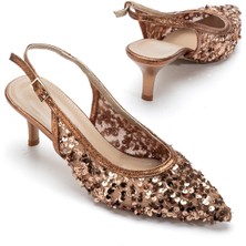 Dilimler Ayakkabı Kadın Kısa Topuklu Abiye Ayakkabı Bakır Pullu File Topuk Açık