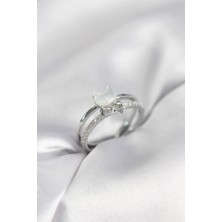 Shopwave Gümüş Renk Sedefli Kedi Model Fiyonklu Zirkon Taşlı Kadın Yüzük