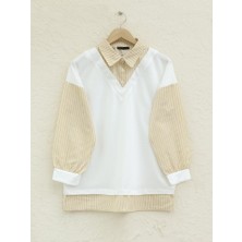 Queene Dreams Çizgili Gömlek Detaylı Sweat Tunik -Açık Vizon