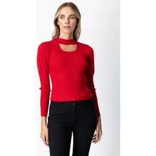 On Fashion Kadın Yakası Pencereli Balon Kol Kırmızı Kazak 65303