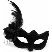 Kaia Life Beyaz Inci Detaylı Siyah Süet Venedik Kadın Maskesi Tüylü Güllü