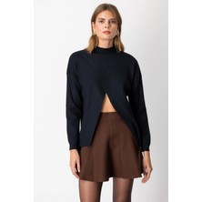 On Fashion Kadın Dik Yaka Çapraz Siyah Kazak 65343