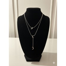 Stainless Steel Çelik Gold Renk Ay Figürlü Çift Sıra Zincirli Y Kolye