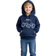 İrem Çocuk Giyim Erkek Çocuk Humor Yazılı Kapüşonlu Kanguru Cepli Önü Sırtı Yazı Desenli Lacivert Renk Sweatshirt