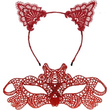 Kaia Life Ateş Kırmızısı Dantel Taç ve Maske Seti 10 No - Maskeli B &amp; Özel Gün Seti