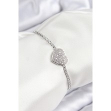 Tp Pirinç Zirkon Taşlı Kalp Model Gümüş Renk Asansörlü Kadın Bileklik - Lisinya