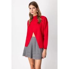 On Fashion Kadın Dik Yaka Çapraz Kırmızı Kazak 65343