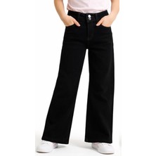 İrem Çocuk Giyim Kız Çocuk Çift Düğme Detaylı Fermuar Kapamalı Eskitme Desenli Geniş Paça Siyah Renk Kot Pantolon