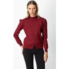 On Fashion Kadın Düğmeli Omuz Detaylı Bordo Kazak 65331