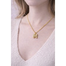 Dasemura 316L Çelik Gold Renk Zirkon Taşlı Harf Kolye - Kişiye Özel Isim Baş Harfli Zincir - E Harfi