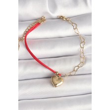 Tp 316L Çelik Gold Renk Zincir Kırmızı Ip Model Sallantı Kalp Figür Işleme Detaylı Kadın Bileklik - Lisinya