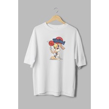 Overoz Lola Bunny Looney Tunes Basketbol Baskılı Yarı Oversize Beyaz T-Shirt 1168