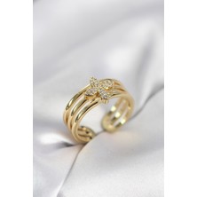 Pazarcan Gold Renk Zirkon Taşlı Yonca Model Kadın Yüzük