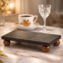 Stone Edition Doğal Taş Sunum Standı Dikdörtgen Ahşap Ayaklı - Servis Tabağı Yükseltilmiş Sunumluk 15CMX30CM