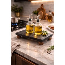 Stone Edition Doğal Taş Sunum Standı Dikdörtgen Ahşap Ayaklı - Servis Tabağı Yükseltilmiş Sunumluk 15CMX30CM