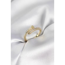 Pazarcan Zirkon Taşlı Gold Renk Yassı Çivi Model Kadın Yüzük