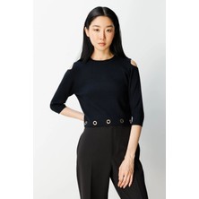 On Fashion Kadın Altı Kuşgözlü Sıfır Yaka Siyah Kazak 65319