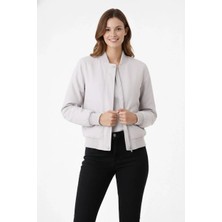 Kadın Premium Bomber Ceket Çıtçıt Kapamalı, Ribana Manşetli, Astarlı, Regular Fit Mont - Beyaz