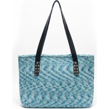 Lume Store El Yapımı Suni Deri Saplı Hasır Görünümlü Mavi Tote Çanta El Yapımı