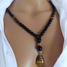 Hakiki Kaplan Gözü & Oniks Taşı Kolye 8 mm – Esnek Kalın Misinalı – Çivi Model Uçlu – 45-55 cm – Sertifikalı – Mdf Ahşap Hediye Kutulu