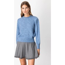 On Fashion Kadın Incili Baklava Desenli Mavi Kazak 63316