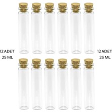 12 ADET ( 25ML ) ( Çok Amaçlı & Dekoratif ) ( Boş Tüp ) Cam Şişe Mantar Kapaklı