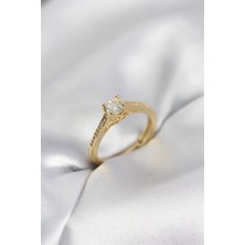 Pazarcan Tek Taş Gold Renk Zirkon Taşlı Model Kadın Yüzük