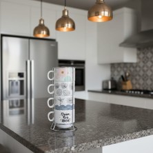 First Snowflake Dream Big Hard Mottolu 4'lü Porselen Espresso Seti - Tropikal Desenli Metal Standlı Takım