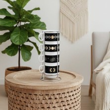 First Snowflake Mystic Moon 4'lü Porselen Espresso Fincan Seti - Metal Standlı Ay Fazları ve Galaksi Temalı Takım