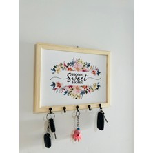 Normadia Doğal Ahşap Çerçeveli Çiçekli Duvar Askısı ve Anahtarlık Seti