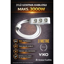 3’lü 3 Metre Uzatma Kablosu 3x2,5 Ttr Tam Bakır Kalın Kablo 3000W Güvenli Kullanım