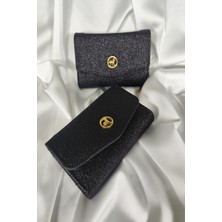 Belirtilmemiş Simli Siyah Kadın Cüzdanı Çıtçıtlı Kapaklı, Bozuk Para Gözlü, Kartlık Bölmeli