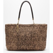Lume Store El Yapımı Suni Deri Saplı Hasır Görünümlü Charmlı Tote Çanta Handmade
