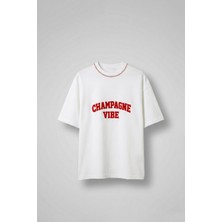 Abluka Online Erkek Oversize Premium Kontrast Yaka Baskılı T-Shirt Ekru