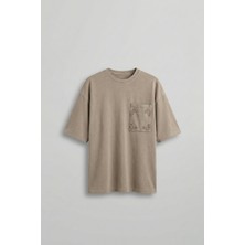 Abluka Online Erkek Oversize Premium Cep Nakışlı T-Shirt Bej