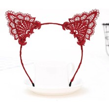 Tp Buğz Dantelli Kırmızı Kedi Tacı - Vintage Tarz Dantel Kedi Kulak