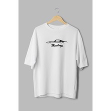 Overoz Klasik Araba Ford Mustang Baskılı Yarı Oversize Beyaz T-Shirt 1184