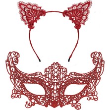 Tp Buğz Romantik Kırmızı Dantel Maske Seti – Kedi Kulaklı Taç ve Maske No 3