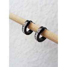 Madamera Kadın Çelik Küpe Zirkon Taşlı Halka Küpe Siyah Bayan Küpe  Şık Tasarım MÇKU163