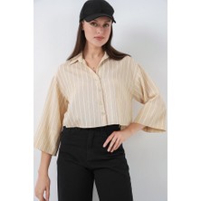 Queene Dreams Çizgili Oversize Kısa Gömlek 20326 - Bej