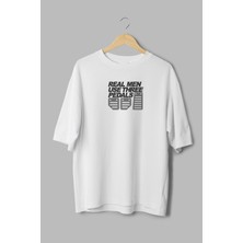 Overoz Otomobil Pedal Three Pedals Baskılı Yarı Oversize Beyaz T-Shirt 1175