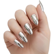 Eda Luxury Beauty 24'lü Koyu Gümüş Metalik Takma Tırnak Seti Lüks 3D Kristal Taşlı Ayna Efektli Uzun Oval Badem Stiletto Yapıştırıcılı False Nails Set
