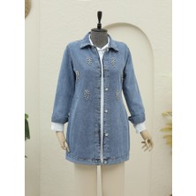 Queene Dreams Küme Taş Detaylı Düğmeli Kot Ceket -Buz Mavi