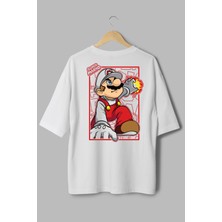 Super Mario Sırt Baskılı Yarı Oversize Beyaz T-Shirt 1141