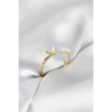 Solenya Incili Kelebek Model Gold Renk Pirinç Kadın Yüzük