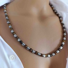 Mga Doğaltaş Hakiki Hematit & Kaplan Gözü Doğal Taş Kolye – Modern Silindir Tasarım