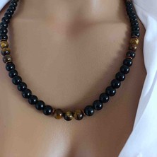 Kaplan Gözü Oniks Taşı Kolye 8 mm – Sertifikalı Doğal Taş – Esnek Misinalı – 45-55 cm Hediye Kutulu