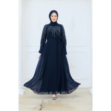 Pamuk Butik Kadın Astarlı Taşlı Kuşaklı Şifon Elbise -PMK525