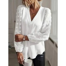 Yeşil Sarmaşık Kadın Uzun Kollu V Yakalı Kolları Popon Detaylı Sandy Bluz