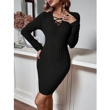 Yeşil Sarmaşık Kadın Uzun Kollu V Yakalı Çapraz Şerit Detaylı Şardonlu Kaşkorse Midi Elbise